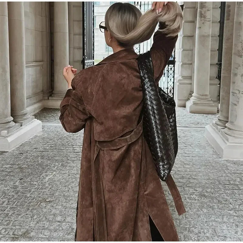 Elegant Faux Leather Long Coat Lapel Double Breasted Oversize Overcoat With Belt 2024 Autumn Winter New Fashion Lady Outerwear