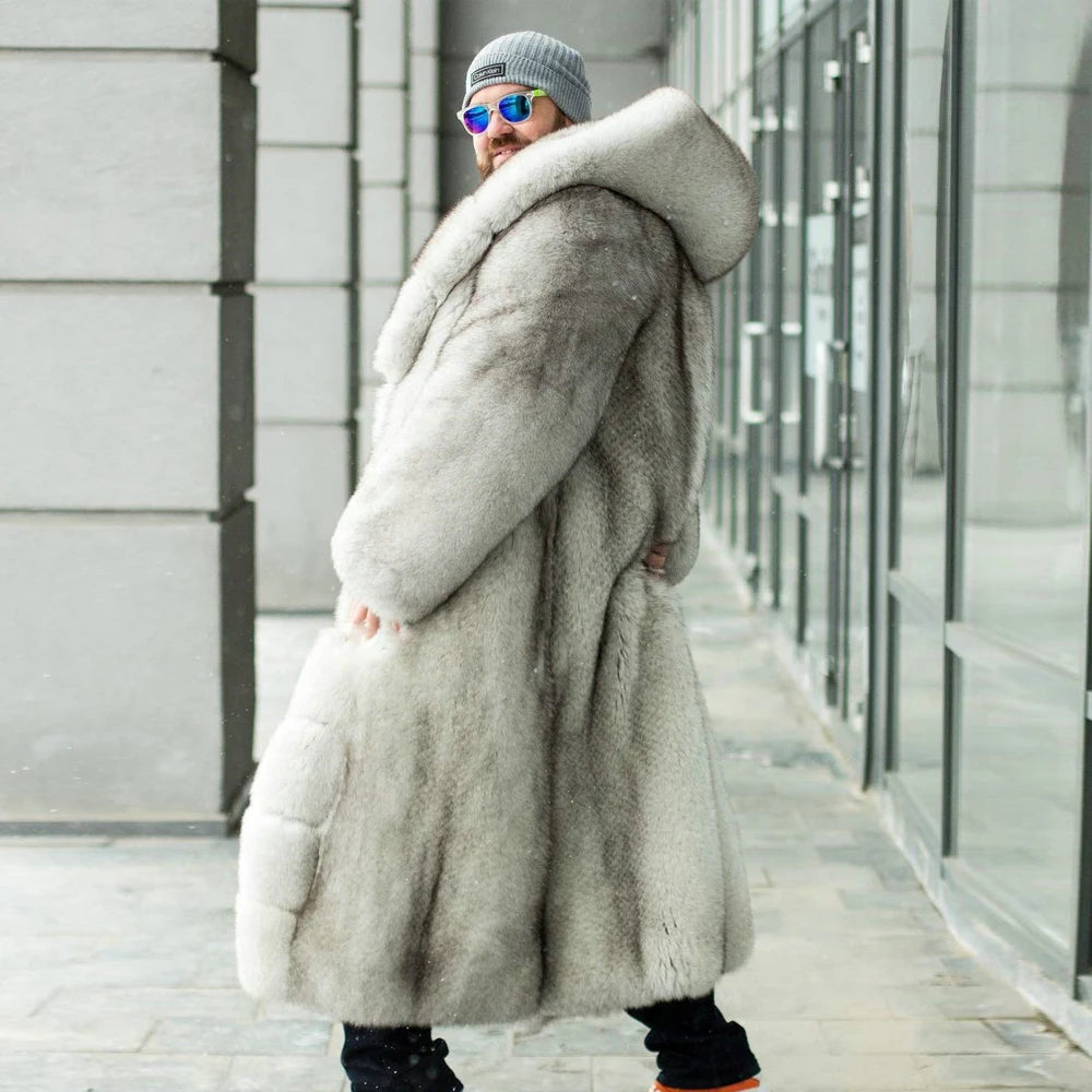 Luxurious Real Fox Fur Coat with Oversized Hood – For the Bold and Stylish Gentleman