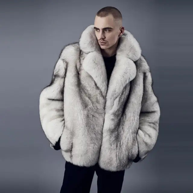 Genuine Fox Fur Jacket with Turn-Down Collar – Sophistication Meets Comfort for Men