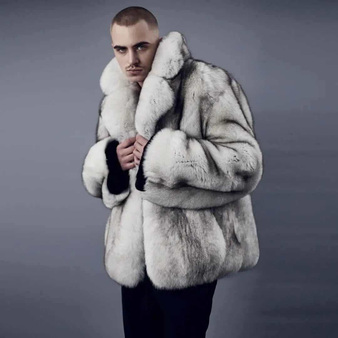 Genuine Fox Fur Jacket with Turn-Down Collar – Sophistication Meets Comfort for Men