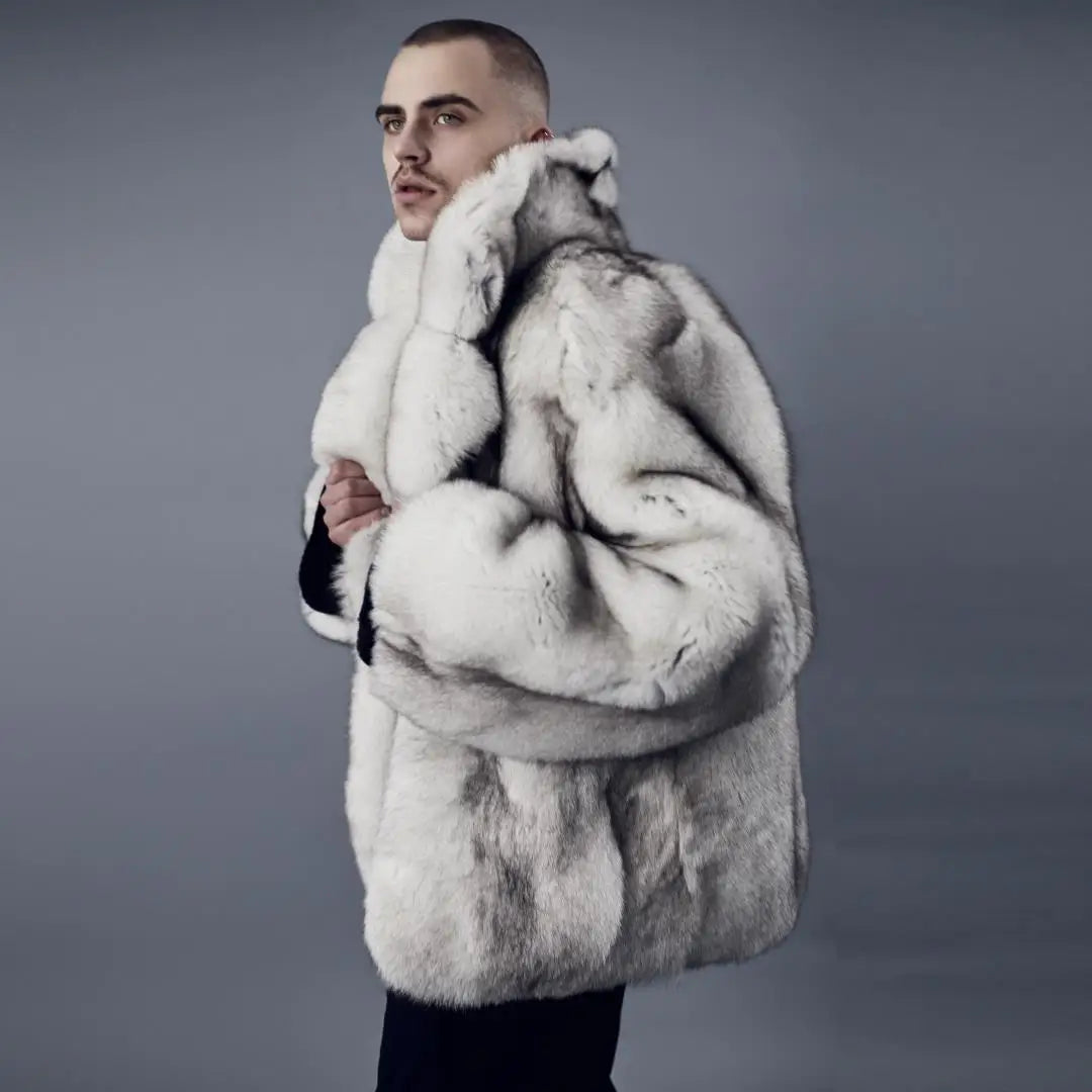 Genuine Fox Fur Jacket with Turn-Down Collar – Sophistication Meets Comfort for Men