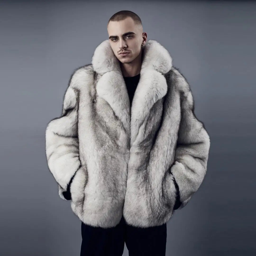 Genuine Fox Fur Jacket with Turn-Down Collar – Sophistication Meets Comfort for Men